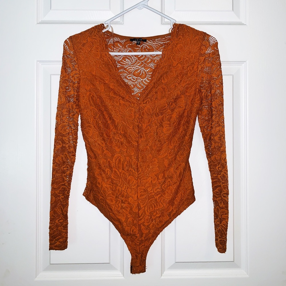 IRIS Orange V Neck Lace Bodysuit